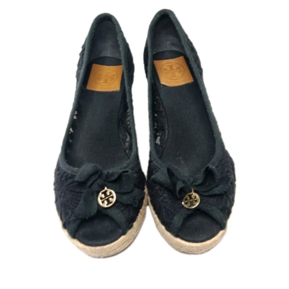 Tory Burch Jackie Wedge Espadrille Shoes Women’s Size 8.5 Black Crochet  Lace